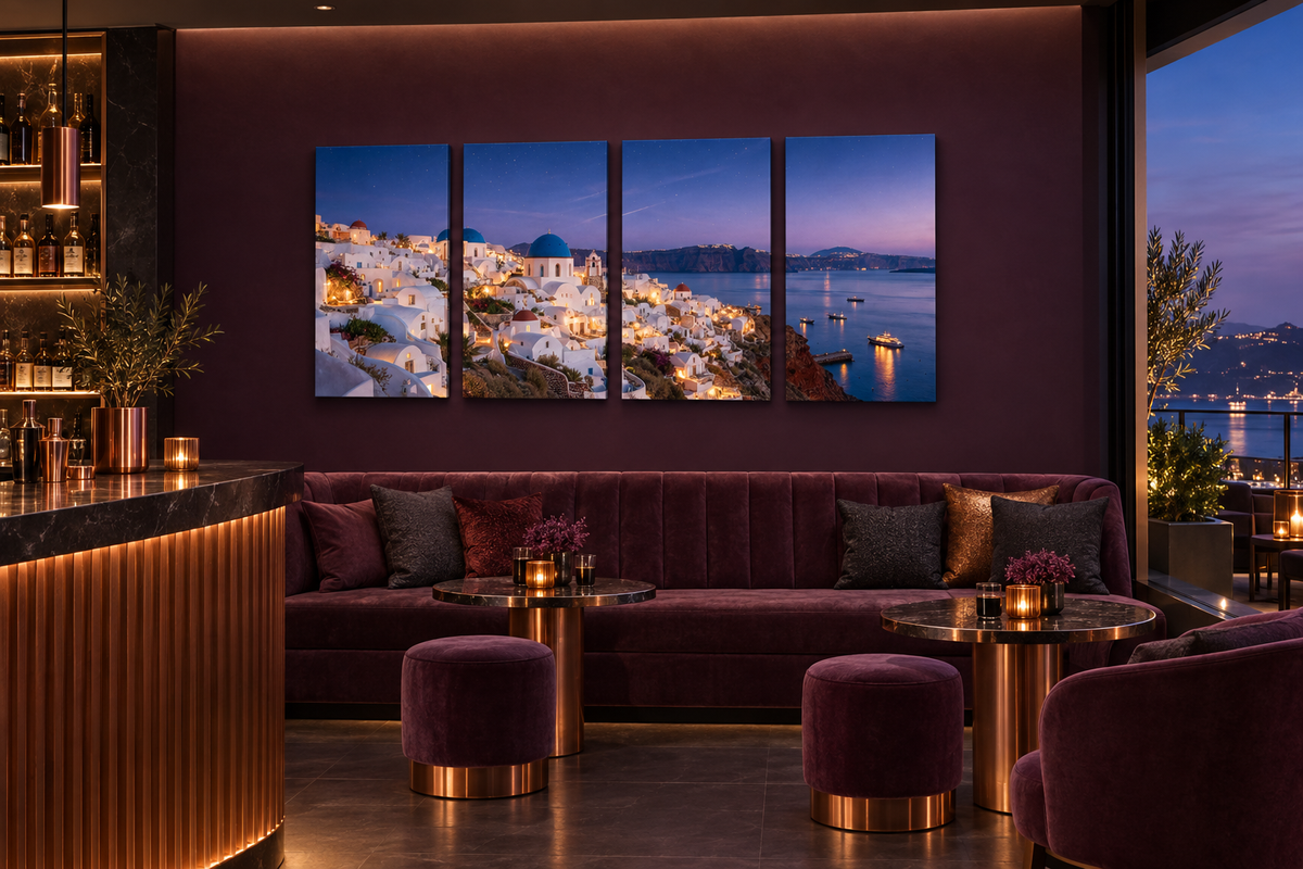 Santorini at Night four-panel wall art in a plum and copper luxury rooftop bar - Portugal Canvas Co
