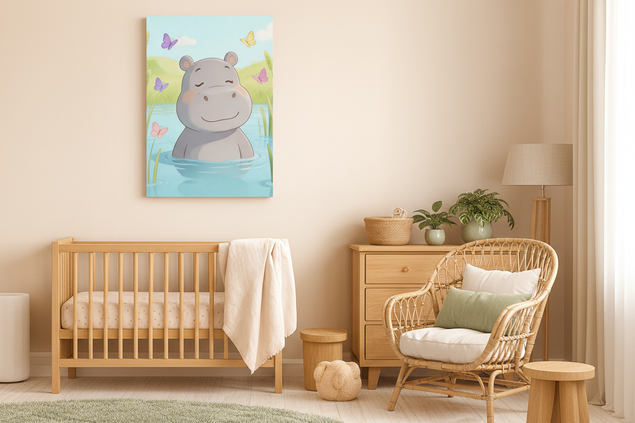 Cute hippo canvas wall art displayed in a sage green nursery with rattan furniture - Portugal Canvas Co