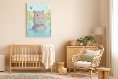Cute hippo canvas wall art displayed in a sage green nursery with rattan furniture - Portugal Canvas Co