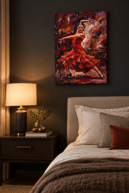 Flamenco dancer in a red ruffled dress canvas wall art on a charcoal bedroom wall above a bedside lamp and linen bedding - Portugal Canvas Co