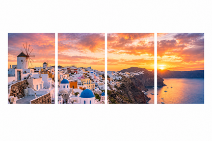 Santorini Sunset four-panel canvas artwork with Oia windmill blue domes and caldera on pure white background - Portugal Canvas Co