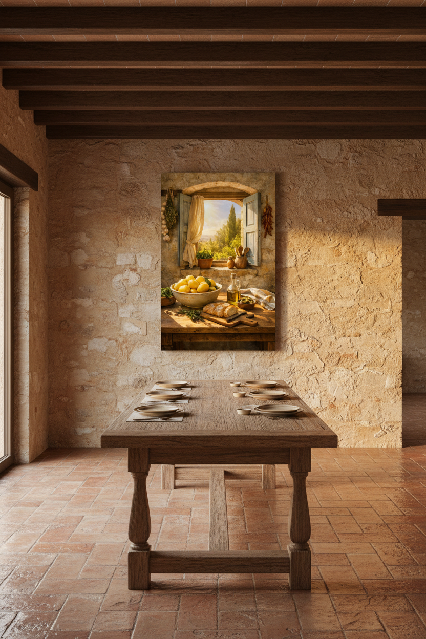 Mediterranean kitchen still life canvas wall art displayed on a stone wall in a luxury Mediterranean villa dining area with wooden beams and terracotta tiles - Portugal Canvas Co
