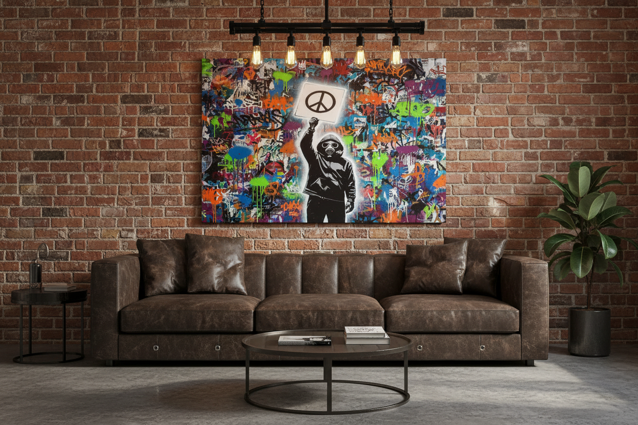 Peace symbol graffiti canvas print displayed in a modern urban loft living room with exposed brick and dark leather sofa - Portugal Canvas Co