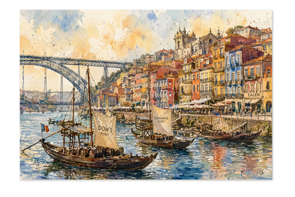 Porto waterfront canvas with river boats, arched bridge and colourful buildings on a white background - Portugal Canvas Co