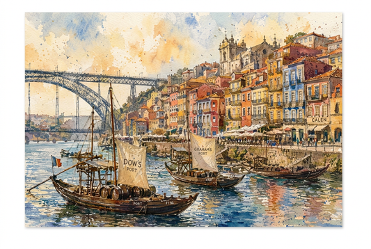 Porto waterfront canvas with river boats, arched bridge and colourful buildings on a white background - Portugal Canvas Co