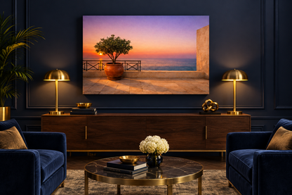 Mediterranean terrace at sunset canvas print in a navy lounge with brass lamps - Portugal Canvas Co
