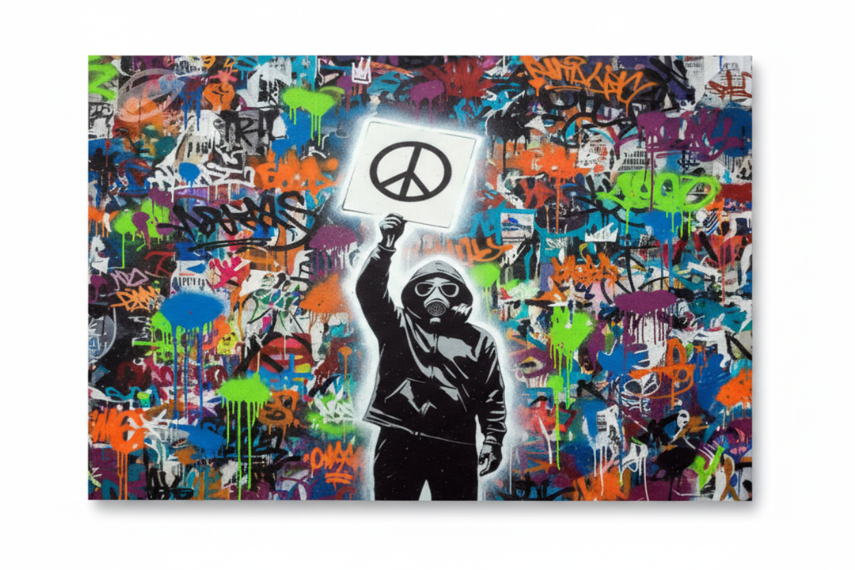 Peace symbol graffiti street art canvas print with gas mask figure holding peace sign against multicolour graffiti background, flat lay on white background - Portugal Canvas Co