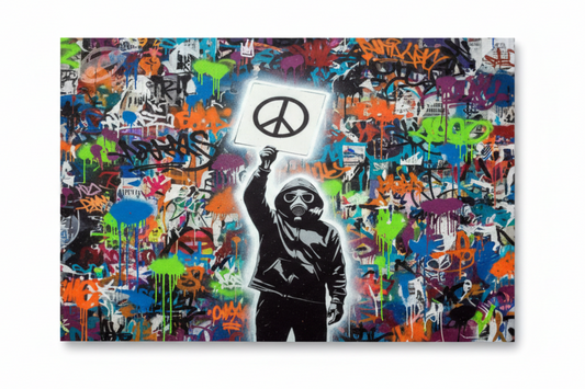 Peace symbol graffiti street art canvas print with gas mask figure holding peace sign against multicolour graffiti background, flat lay on white background - Portugal Canvas Co