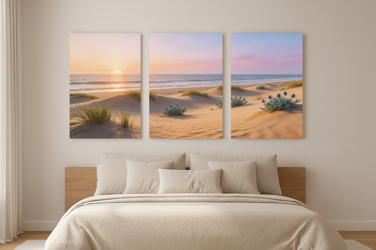 Portuguese beach sunset sand dunes triptych canvas set displayed above a bed in a bright minimalist bedroom - Portugal Canvas Co
