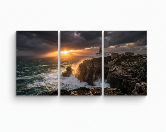 Cabo de São Vicente lighthouse triptych canvas wall art with dramatic storm clouds, golden sunset rays and crashing Atlantic waves on rugged cliffs - Portugal Canvas Co