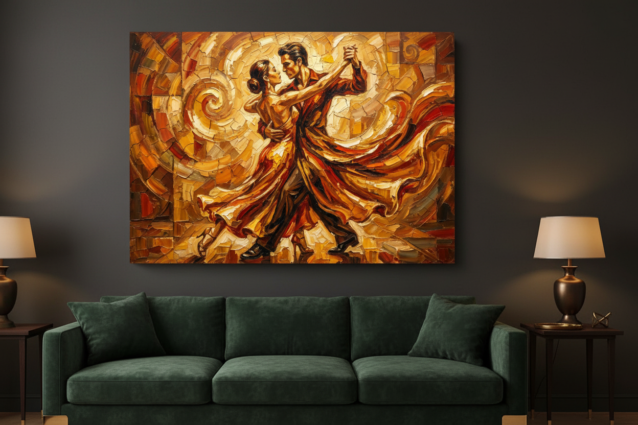Passionate tango couples dance canvas wall art on a charcoal grey wall in a dark moody living room with velvet sofa and brass accents - Portugal Canvas Co
