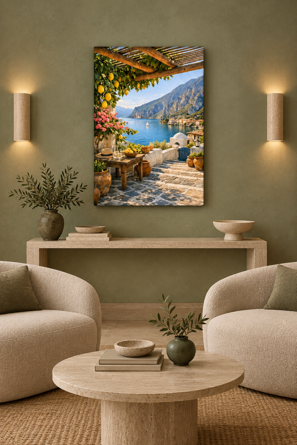 Lemon pergola terrace canvas above a console in a sage and travertine hotel lounge - Portugal Canvas Co
