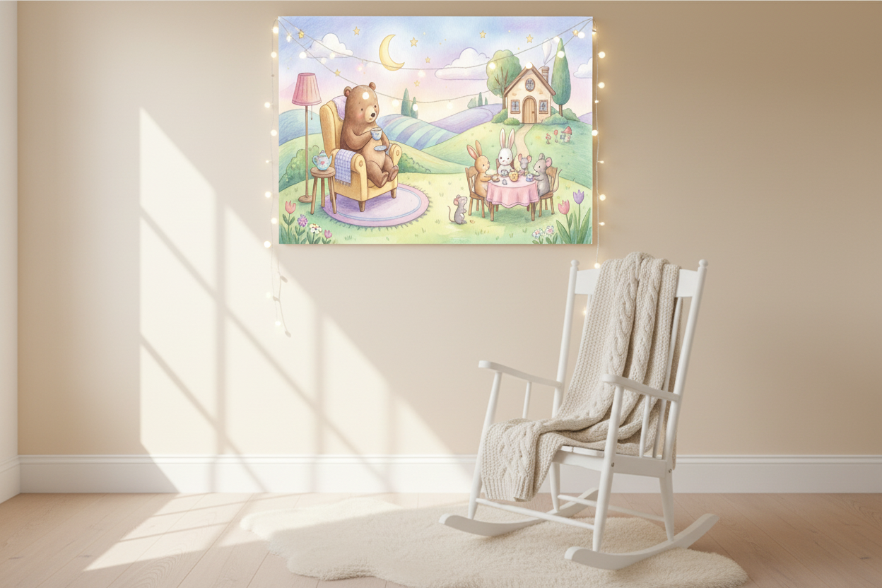 Whimsical woodland tea party nursery canvas wall art above a rocking chair in a cozy nursery reading nook - Portugal Canvas Co