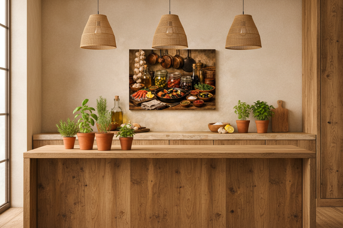 Mediterranean kitchen still life canvas wall art above kitchen island in modern rustic home kitchen with herbs on counter and natural light - Portugal Canvas Co