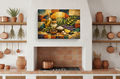 Cubist Mediterranean ingredients still life canvas wall art in a bright Mediterranean farmhouse kitchen with terracotta tiles and copper pots - Portugal Canvas Co