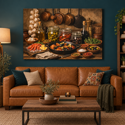 Mediterranean ingredients still-life canvas displayed in a teal living room with a caramel sofa - Portugal Canvas Co