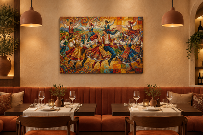 Colourful traditional folk dancers canvas displayed in an upscale Iberian restaurant - Portugal Canvas Co