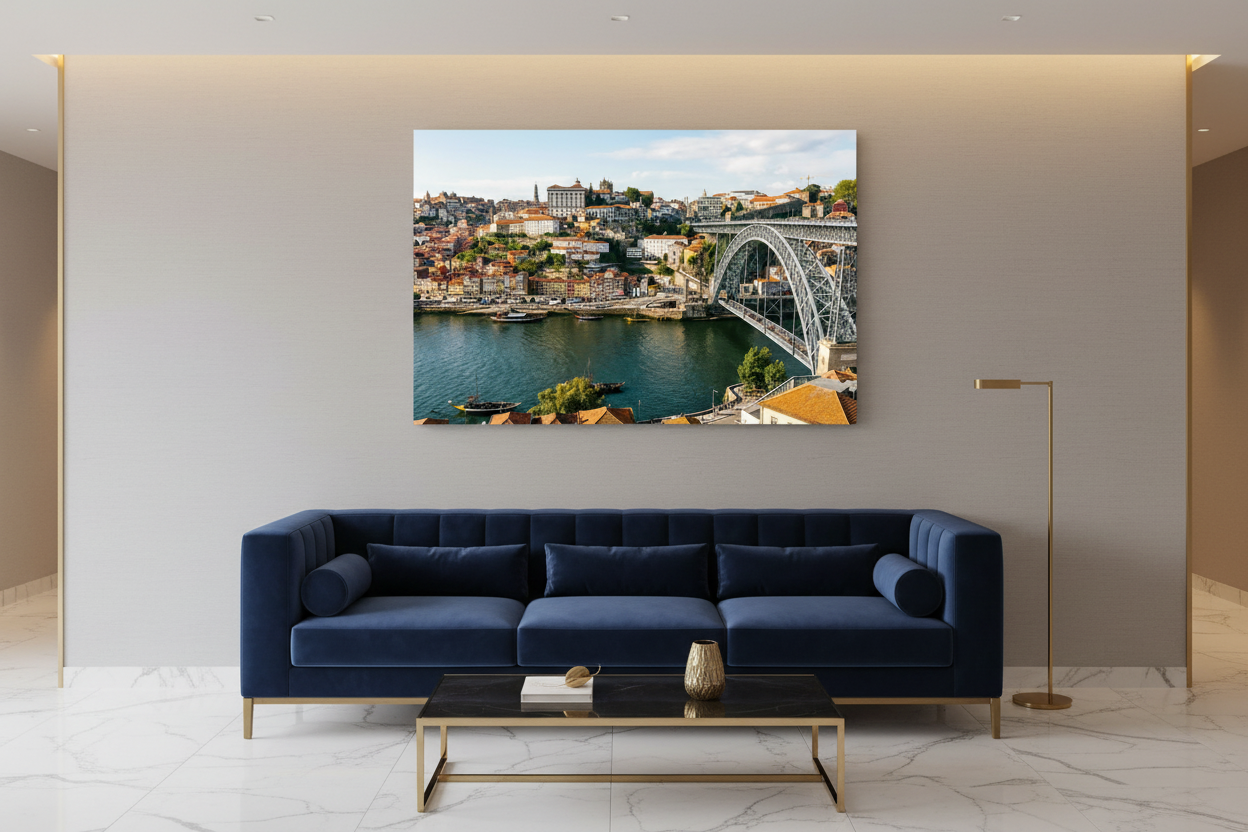 Porto Dom Luís I Bridge canvas wall art displayed in a luxury hotel lobby with velvet sofa and marble floor - Portugal Canvas Co