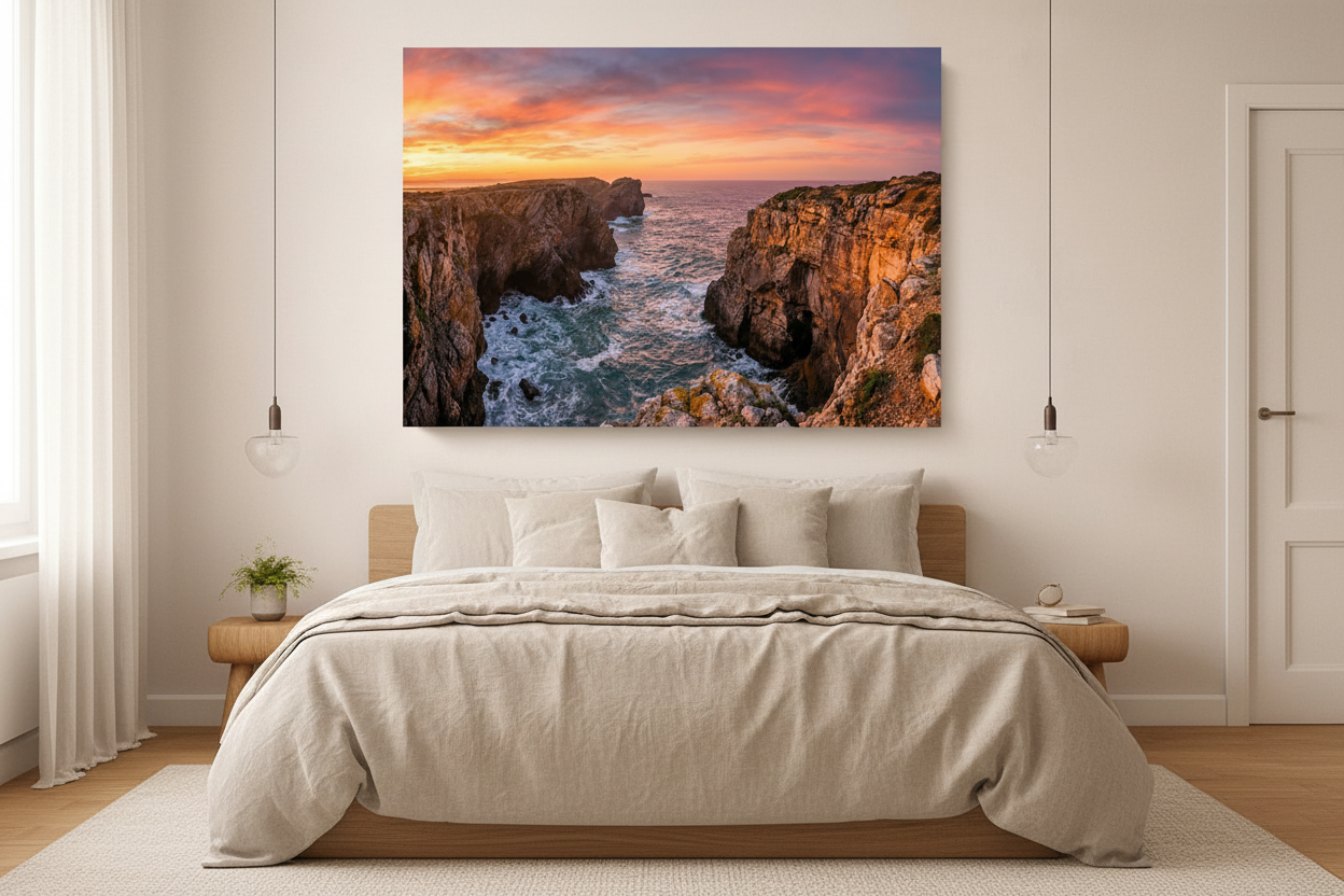 Portuguese coastal cliffs dramatic rock arch sunset canvas wall art displayed above a bed in a bright minimalist bedroom - Portugal Canvas Co