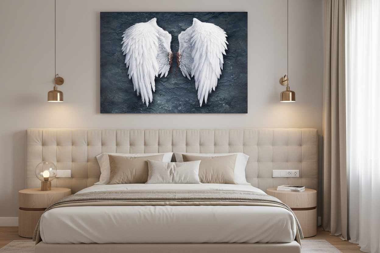 White angel wings on dark textured background canvas wall art displayed above an upholstered headboard in a boutique hotel bedroom with warm elegant lighting - Portugal Canvas Co