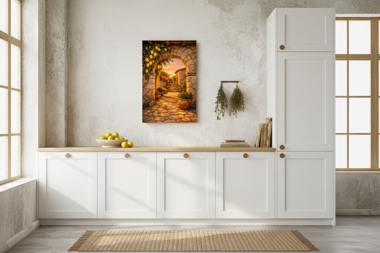 Lemon archway at sunset canvas print in bright Scandi-Mediterranean kitchen with white and wood cabinets and dried herbs - Portugal Canvas Co