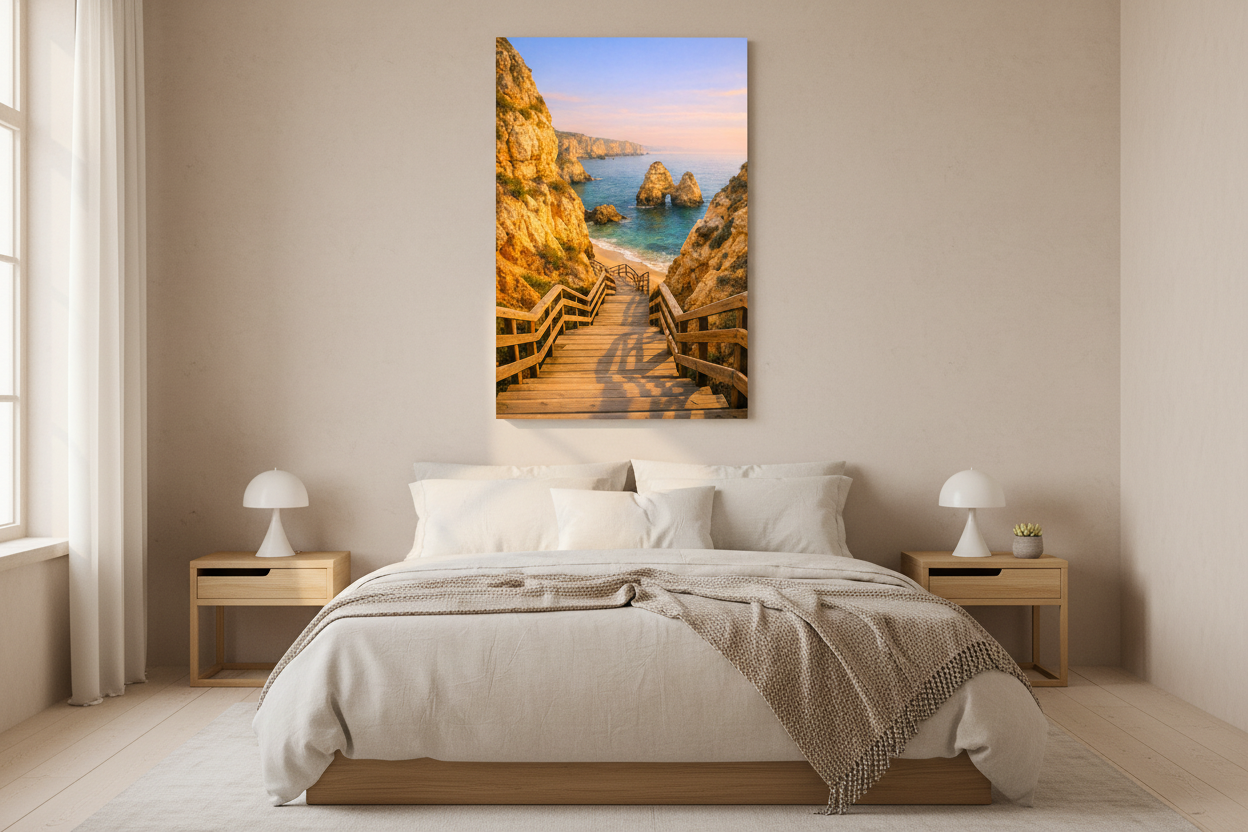 Praia do Camilo wooden stairway Algarve coastal canvas wall art displayed above a bed in a bright minimalist bedroom - Portugal Canvas Co