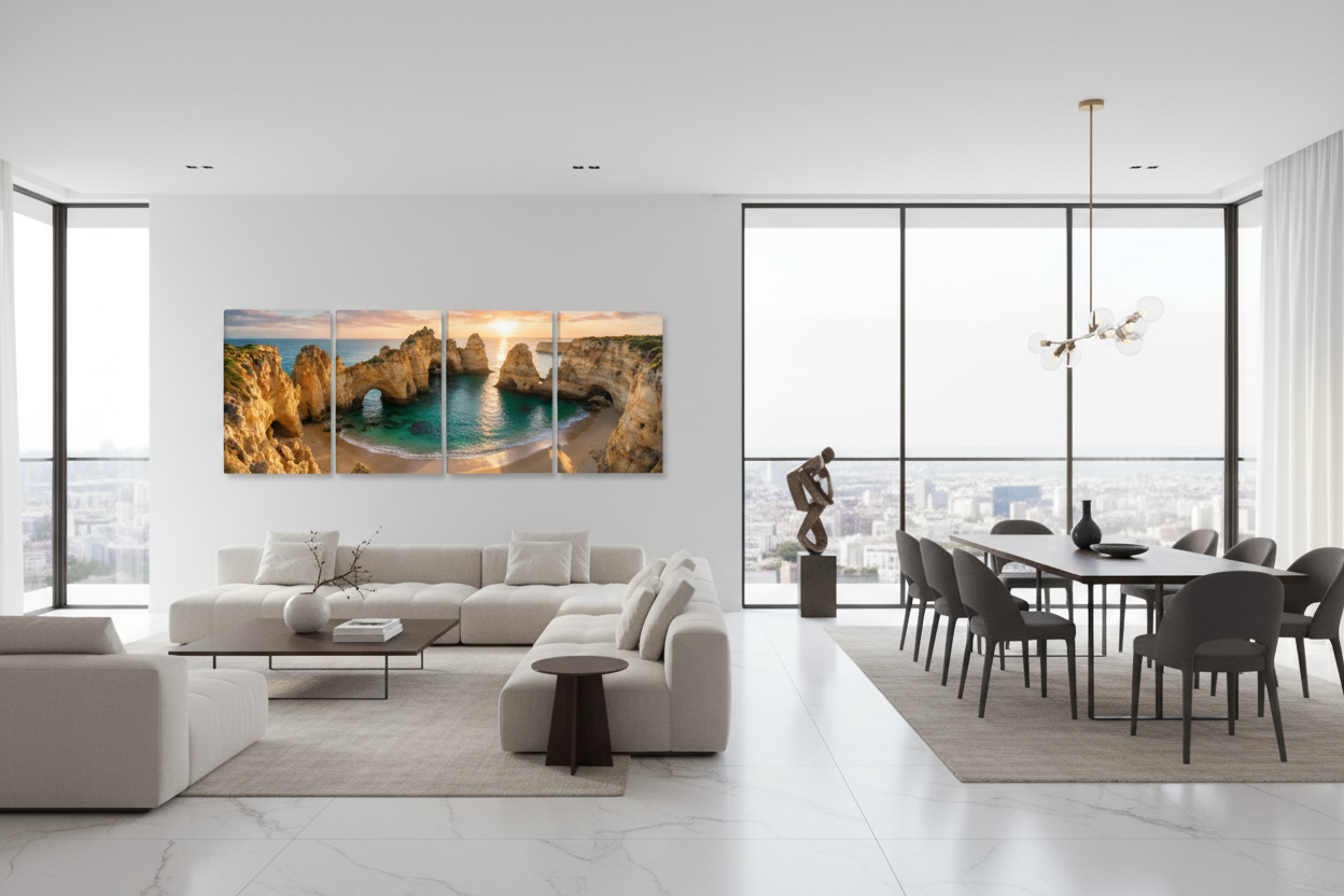 Ponta da Piedade Algarve golden sunset four-panel canvas wall art as centrepiece in luxury open-plan living space with marble floors and designer furniture - Portugal Canvas Co