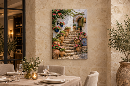 Mediterranean staircase canvas with flowers and blue tile fountain in a limestone restaurant dining room - Portugal Canvas Co