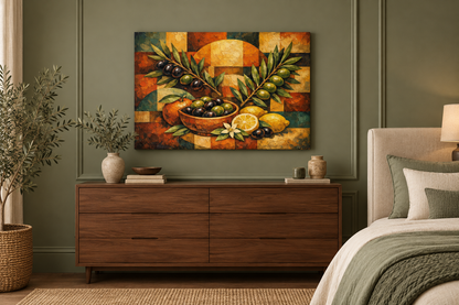 Olives and citrus gallery-wrapped canvas above walnut dresser in sage bedroom - Portugal Canvas Co