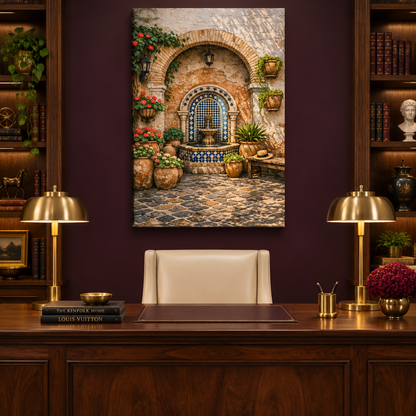 Mediterranean tiled courtyard fountain portrait canvas above a walnut desk in an aubergine office - Portugal Canvas Co