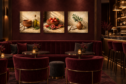 Mediterranean still life three-panel canvas set in a burgundy and charcoal cocktail bar - Portugal Canvas Co