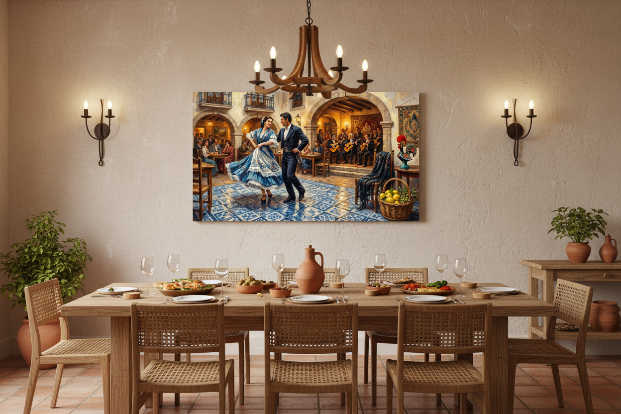 Traditional Iberian fado dance painting canvas wall art displayed in a warm rustic dining room interior - Portugal Canvas Co