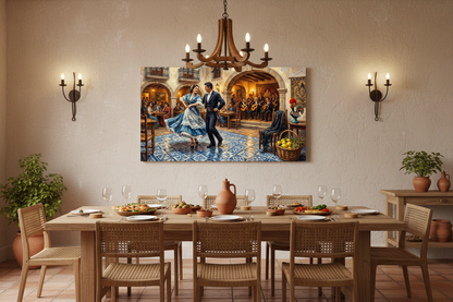 Traditional Iberian fado dance painting canvas wall art displayed in a warm rustic dining room interior - Portugal Canvas Co