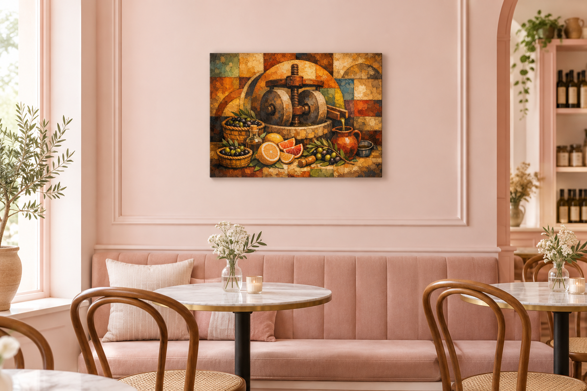 Olive oil press still life rustic Mediterranean canvas wall art in a dusty-pink boutique café interior - Portugal Canvas Co