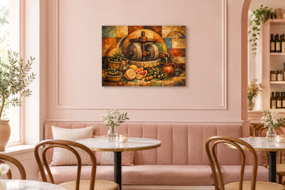 Olive oil press still life rustic Mediterranean canvas wall art in a dusty-pink boutique café interior - Portugal Canvas Co