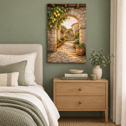 Lemon and stone archway canvas wall art in a sage green bedroom - Portugal Canvas Co