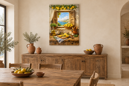 Mediterranean lemon and coastal window canvas displayed in a cream dining room - Portugal Canvas Co