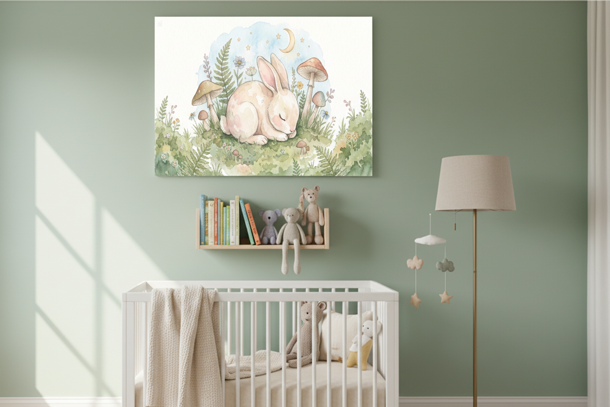 Sleeping baby rabbit nursery canvas wall art on a sage green nursery wall above a wooden bookshelf - Portugal Canvas Co