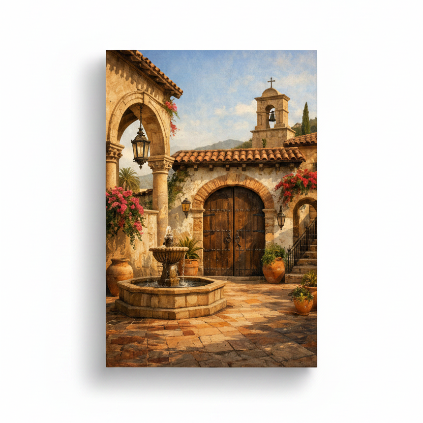 Mediterranean stone courtyard with rustic wooden arch, stone fountain, red bougainvillea and bell tower canvas wall art on white background - Portugal Canvas Co