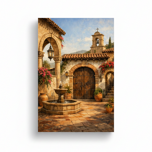 Mediterranean stone courtyard with rustic wooden arch, stone fountain, red bougainvillea and bell tower canvas wall art on white background - Portugal Canvas Co