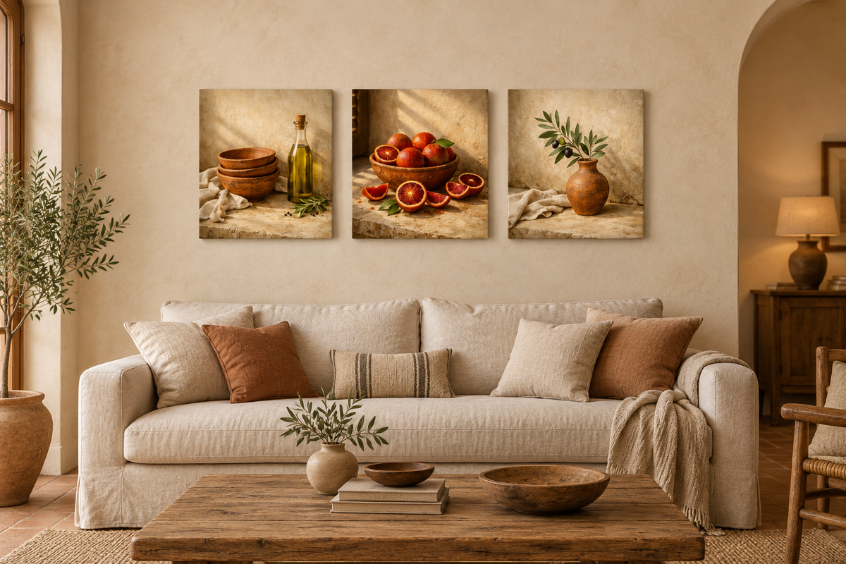 Mediterranean still life three-panel canvas set displayed in a living room - Portugal Canvas Co