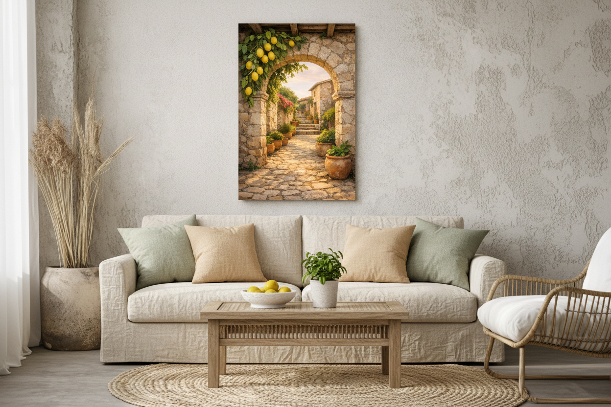 Mediterranean stone archway with lemons canvas wall art above natural linen sofa with sand and sage cushions and bowl of lemons - Portugal Canvas Co