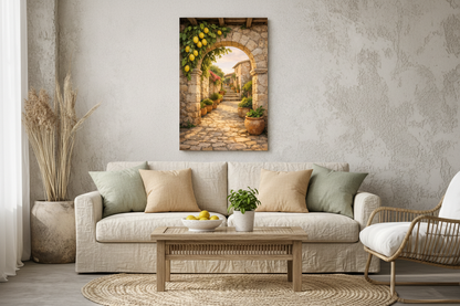 Mediterranean stone archway with lemons canvas wall art above natural linen sofa with sand and sage cushions and bowl of lemons - Portugal Canvas Co