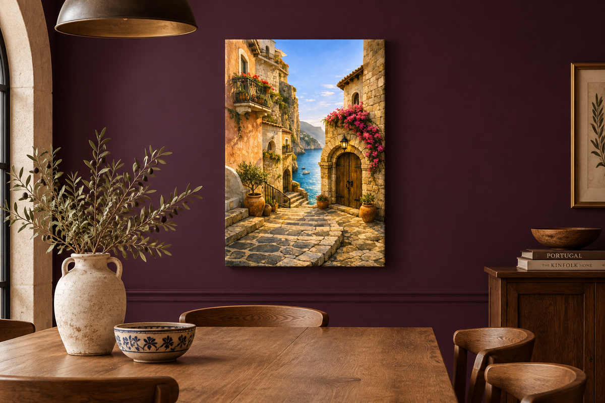 Stone archway and blue sea bay canvas wall art in a plum dining room with oak table - Portugal Canvas Co