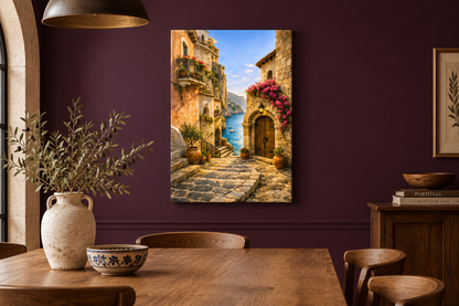 Stone archway and blue sea bay canvas wall art in a plum dining room with oak table - Portugal Canvas Co