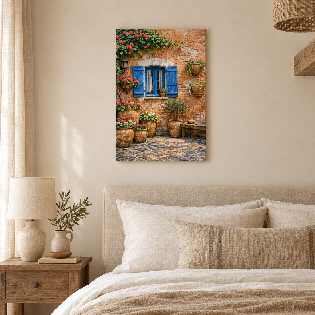 Portrait canvas of a terracotta courtyard with blue shutters and red flowers above a neutral bedroom - Portugal Canvas Co