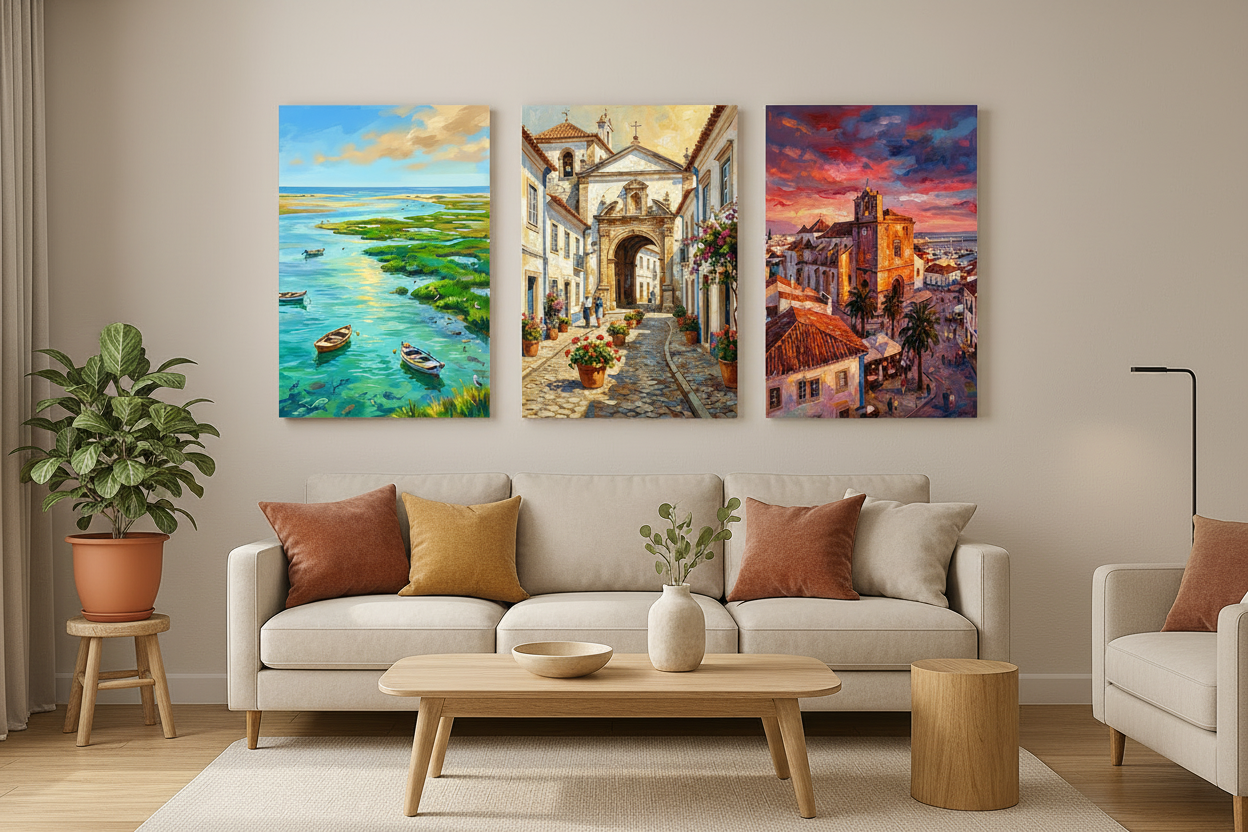 Faro Portugal triptych canvas wall art set displayed as a statement gallery wall in a modern living room - Portugal Canvas Co