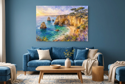 Algarve coastal arch landscape canvas above a blue sofa against an ocean blue wall - Portugal Canvas Co
