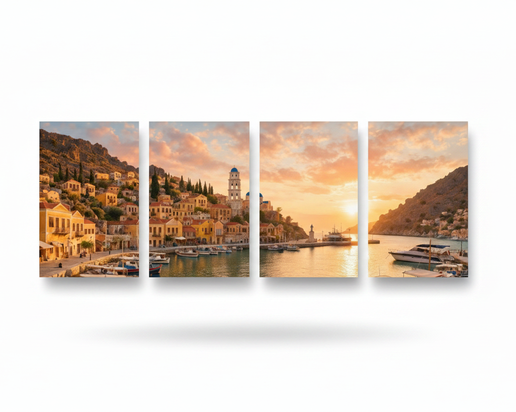 Symi Harbour Sunset four-panel canvas wall art on white background - Portugal Canvas Co