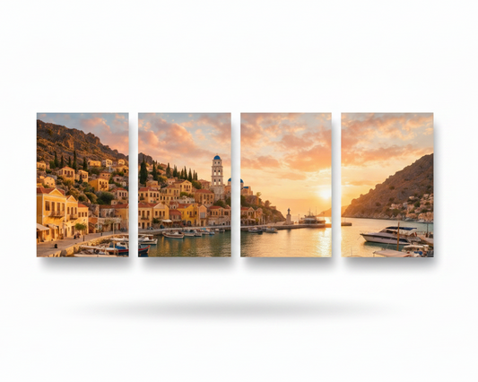 Symi Harbour Sunset four-panel canvas wall art on white background - Portugal Canvas Co